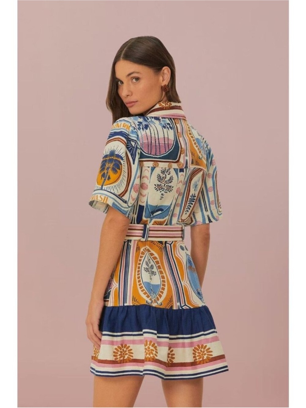 FARM Rio Multicolor Printed Belted Shirt Mini Dress - Blue, Pink, White, Gold - Picture 4 of 15